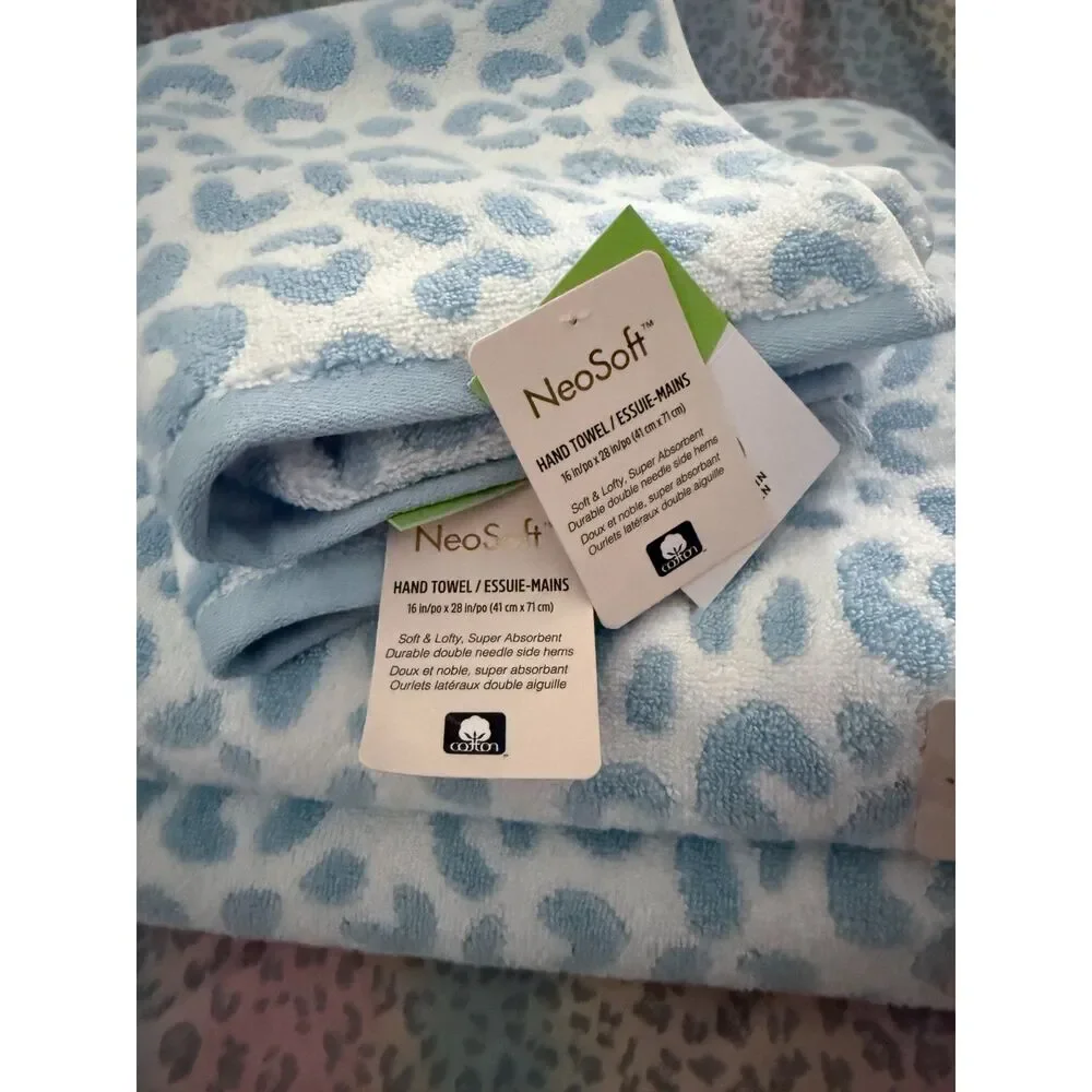 NeoSoft Blue Leopard Print Cotton Bath Sheet, Bath, 2 x Hand Towels reversable